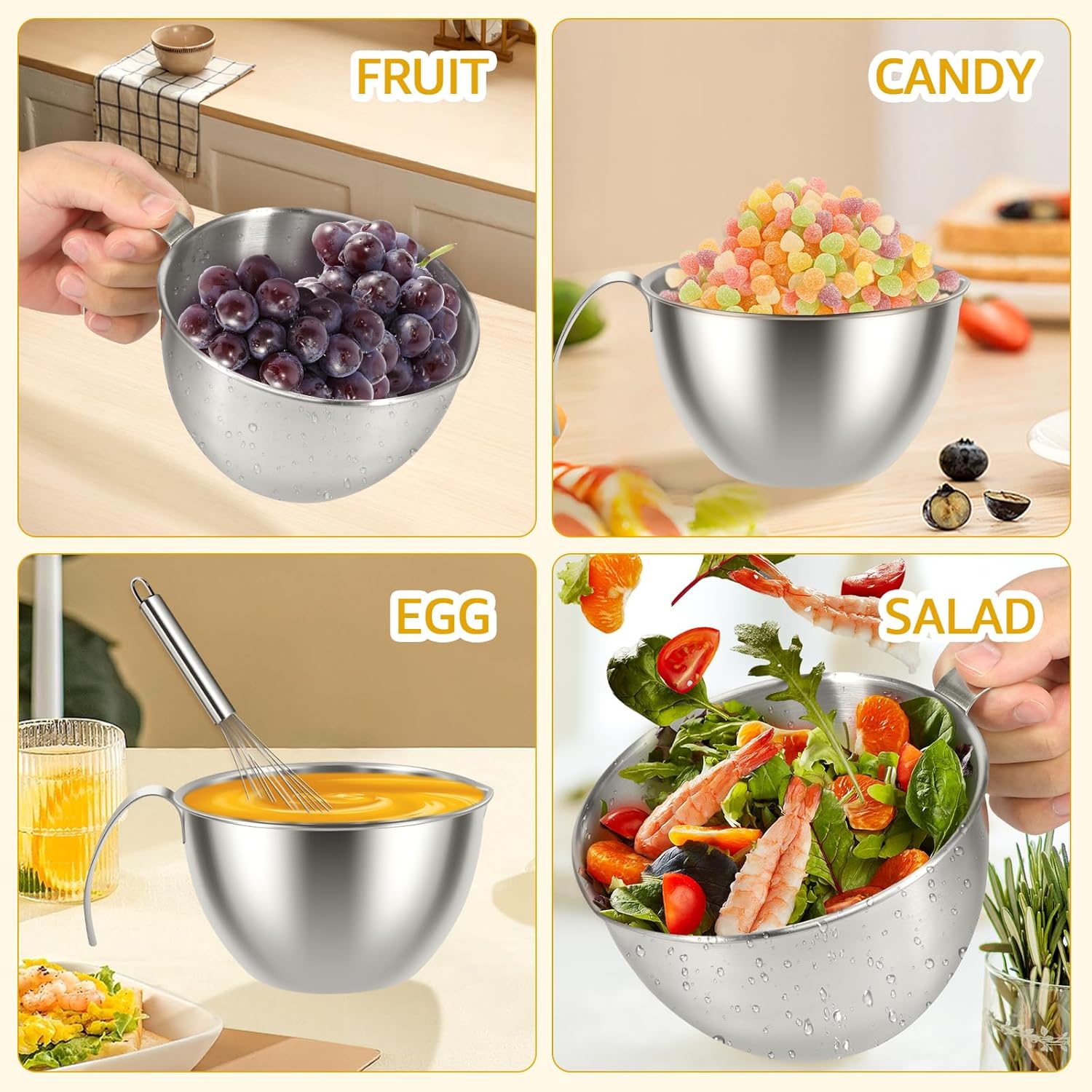 Stainless Steel Mixing Bowl, 3 Sizes Nesting Bowl with Handle & Capacity Scale, Stackable Mixing Bowls, Nesting Whisking Bowl Set, Kitchen Food Storage Organizer for Cooking Baking Salad Prep